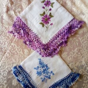 2 Embroidered Handkerchief Hankies Crochet Lace Trim